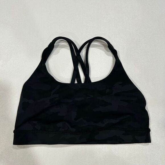 Lululemon Energy Bra Longline Size 6 Black Camo Cross Back Sports Bra - Picture 1 of 5